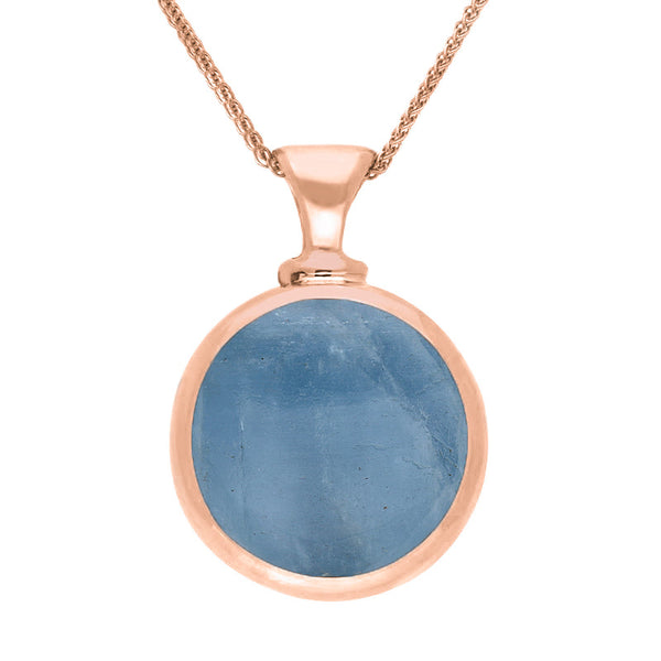 9ct Rose Gold Whitby Jet Aquamarine Double Sided Round Dinky Fob Necklace, P218.