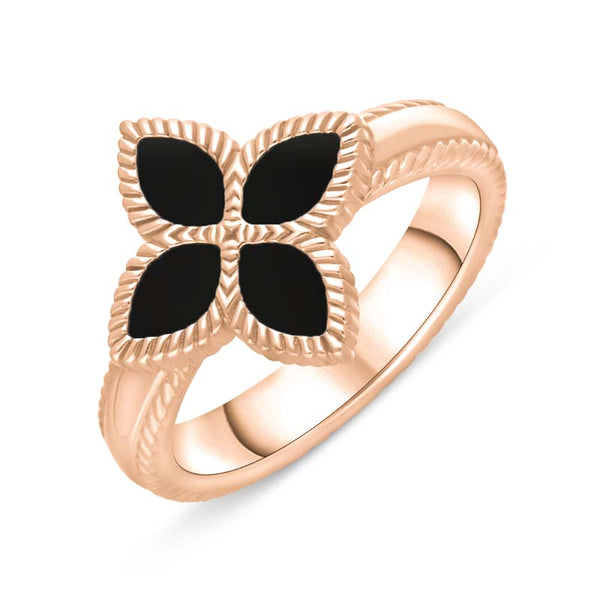 9ct Rose Gold Whitby Jet Bloom Flower Ball Edge Ring, R1276