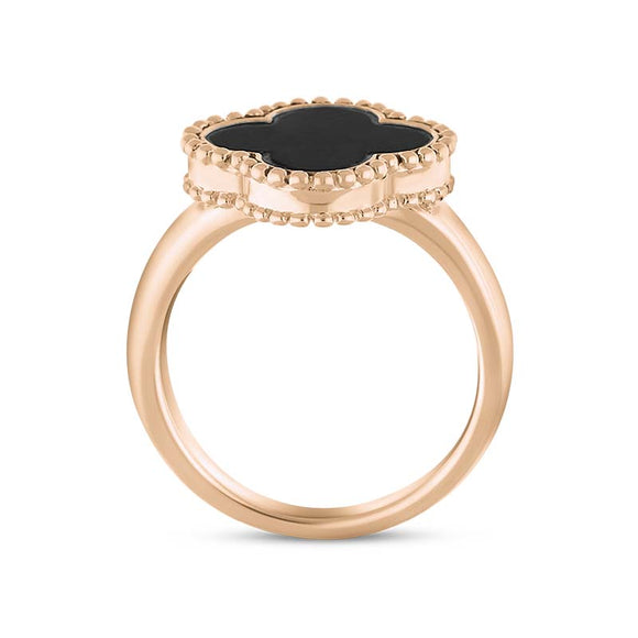 9ct Rose Gold Whitby Jet Bloom Four Leaf Clover Ball Edge Ring