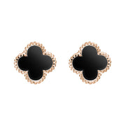9ct Rose Gold Whitby Jet Bloom Four Leaf Clover Ball Edge Stud Earrings, E2600