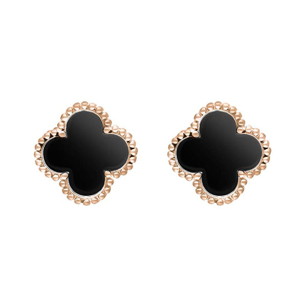 9ct Rose Gold Whitby Jet Bloom Four Leaf Clover Ball Edge Stud Earrings, E2600