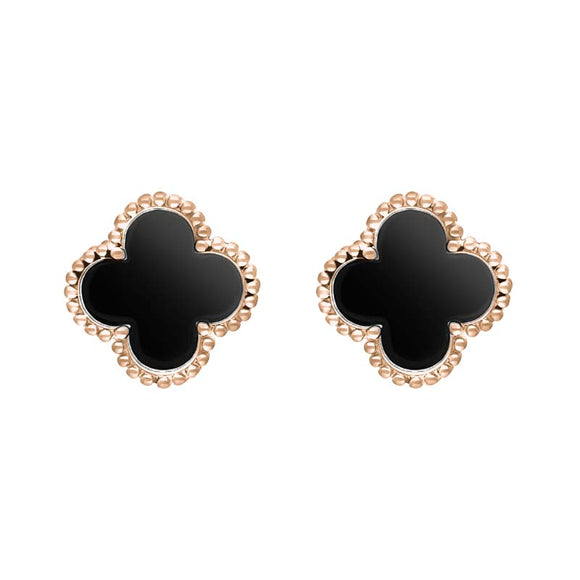 9ct Rose Gold Whitby Jet Bloom Four Leaf Clover Ball Edge Stud Earrings, E2600