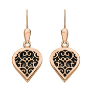 9ct Rose Gold Whitby Jet Flore Filigree Heart Drop Earrings. E2588.