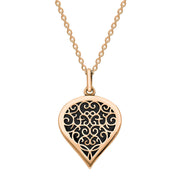 9ct Rose Gold Whitby Jet Flore Filigree Medium Heart Necklace. P3630.