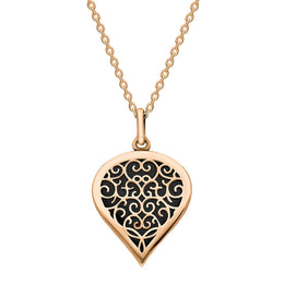 9ct Rose Gold Whitby Jet Flore Filigree Medium Heart Necklace. P3630.