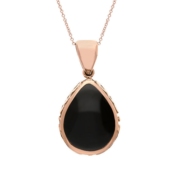 9ct Rose Gold Whitby Jet Lapis Lazuli Double Sided Celtic Edge Pear Cut Fob Necklace, P410_2.
