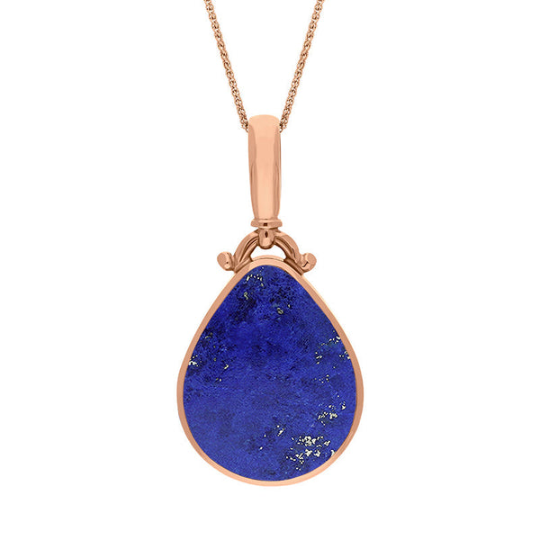 9ct Rose Gold Whitby Jet Lapis Lazuli Double Sided Pear Fob Necklace, P056.