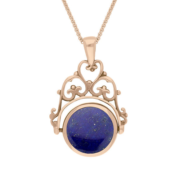 9ct Rose Gold Whitby Jet Lapis Lazuli Double Sided Round Swivel Fob Necklace, P110_2.