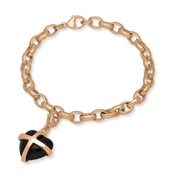 9ct Rose Gold Whitby Jet Medium Cross Heart Charm Bracelet, B1210