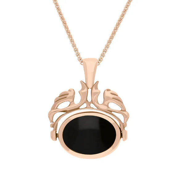 9ct Rose Gold Whitby Jet Turquoise Double Sided Oval Swivel Fob Necklace, P104_4_2.