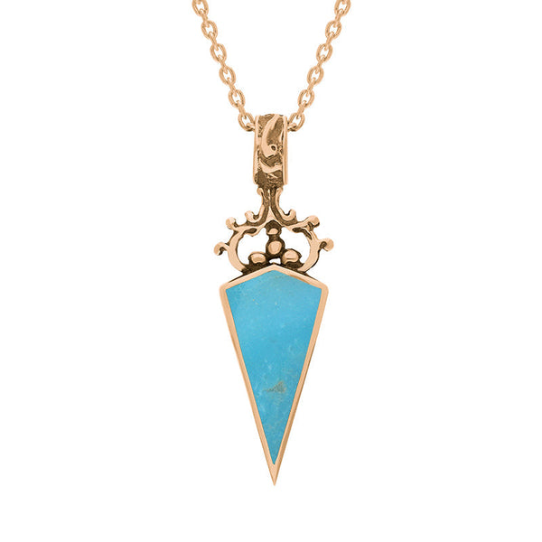 9ct Rose Gold Whitby Jet Turquoise Double Sided Scroll Top Dagger Fob Necklace, P423.
