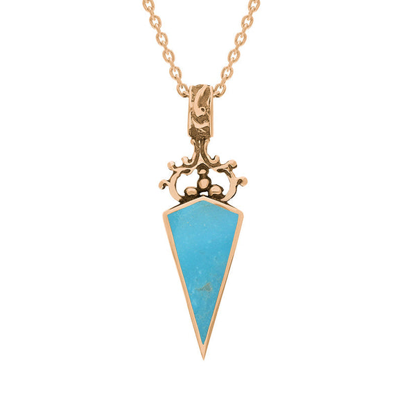 9ct Rose Gold Whitby Jet Turquoise Double Sided Scroll Top Dagger Fob Necklace, P423.