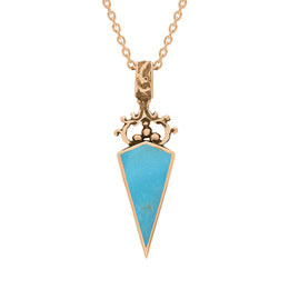 9ct Rose Gold Whitby Jet Turquoise Double Sided Scroll Top Dagger Fob Necklace, P423.
