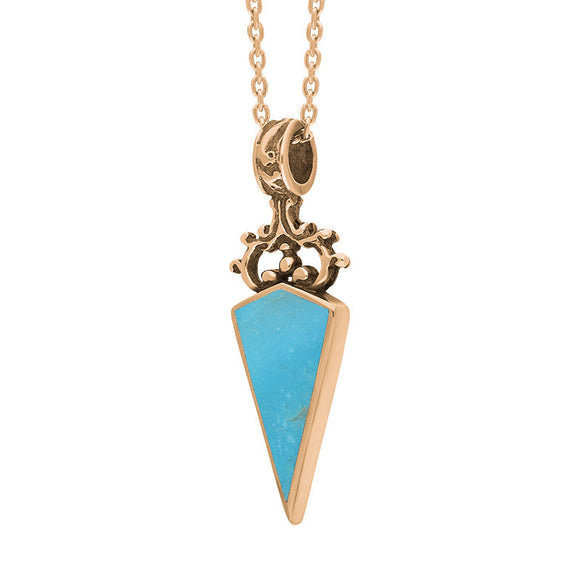 9ct Rose Gold Whitby Jet Turquoise Double Sided Scroll Top Dagger Fob Necklace, P423_3.