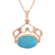 9ct Rose Gold Whitby Jet Turquoise Ornate Double Sided Oval Swivel Fob Necklace, P116_8.