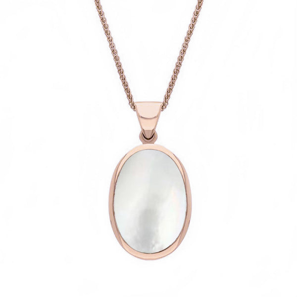 9ct Rose Gold Whitby Jet White Mother Of Pearl Small Double Sided Fob Necklace, P832.