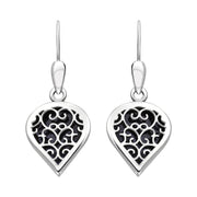 9ct White Gold Blue Goldstone Flore Filigree Heart Drop Earrings. E2588.