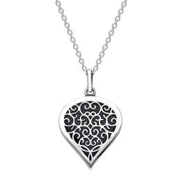 9ct White Gold Blue Goldstone Flore Filigree Medium Heart Necklace. P3630.