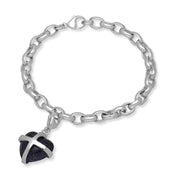 9ct White Gold Blue Goldstone Medium Cross Heart Charm Bracelet, B1210