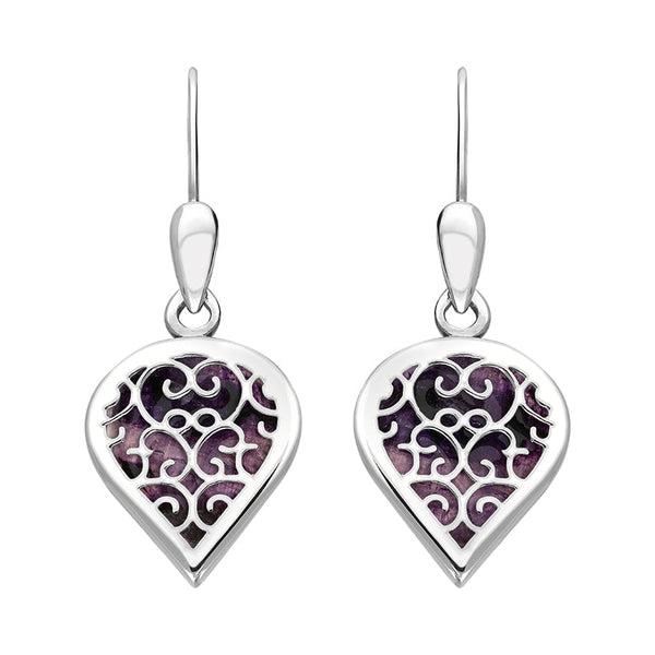 9ct White Gold Blue John Flore Filigree Heart Drop Earrings. E2588.