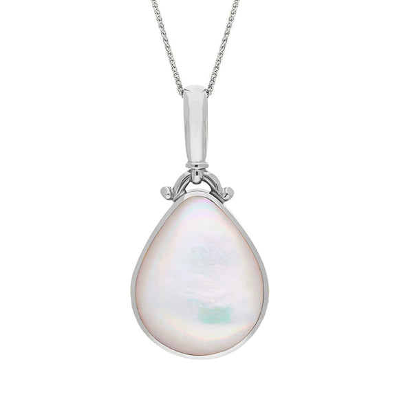 9ct White Gold Blue John Mother of Pearl Double Sided Pear Fob Necklace, P056_2.
