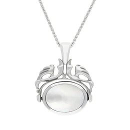 9ct White Gold Blue John Mother Of Pearl Double Sided Oval Swivel Fob Necklace, P104_4_2.