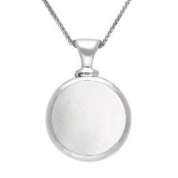 9ct White Gold Blue John White Mother Of Pearl Double Sided Round Dinky Fob Necklace, P218_2.