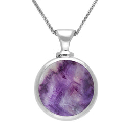 9ct White Gold Blue John White Mother Of Pearl Double Sided Round Dinky Fob Necklace, P218.