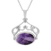 9ct White Gold Blue John Mother Of Pearl Ornate Double Sided Oval Swivel Fob Necklace, P116_8.