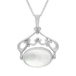 9ct White Gold Blue John Mother Of Pearl Ornate Double Sided Oval Swivel Fob Necklace, P116_8_2.