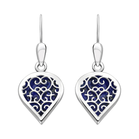 9ct White Gold Lapis Lazuli Flore Filigree Heart Drop Earrings. E2588.