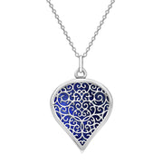 9ct White Gold Lapis Lazuli Flore Filigree Large Heart Necklace. P3631.