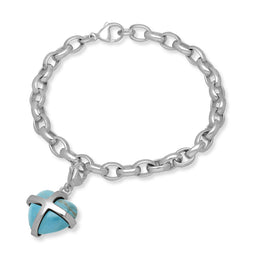9ct White Gold Turquoise Medium Cross Heart Charm Bracelet, B1210