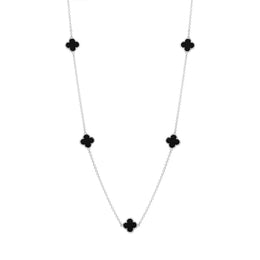 9ct White Gold Whitby Jet Bloom Four Leaf Clover Ball Edge Necklace, N1154