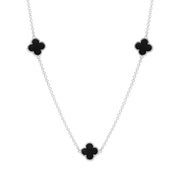 9ct White Gold Whitby Jet Bloom Four Leaf Clover Ball Edge Necklace