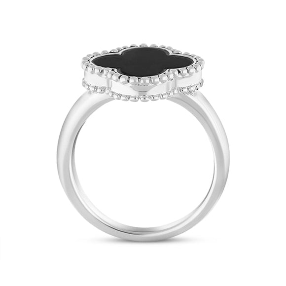 9ct White Gold Whitby Jet Bloom Four Leaf Clover Ball Edge Ring