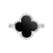 9ct White Gold Whitby Jet Bloom Four Leaf Clover Ball Edge Ring