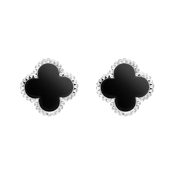 9ct White Gold Whitby Jet Bloom Four Leaf Clover Ball Edge Stud Earrings, E2600