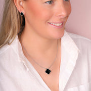 9ct White Gold Whitby Jet Bloom Four Leaf Clover Ball Edge Stud Earrings, E2600