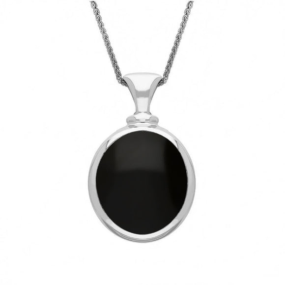 9ct White Gold Whitby Jet Blue John Small Double Sided Oval Fob Necklace, P219_2.
