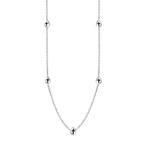 9ct White Gold Whitby Jet Cross Link Disc Chain Necklace, N748.