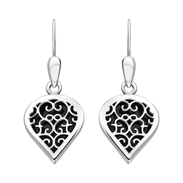 9ct White Gold Whitby Jet Flore Filigree Heart Drop Earrings. E2588.