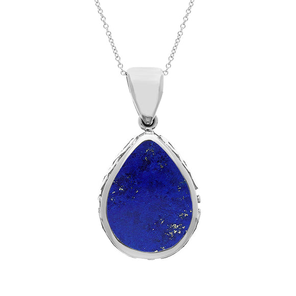 9ct White Gold Whitby Jet Lapis Lazuli Double Sided Celtic Edge Pear Cut Fob Necklace, P410.