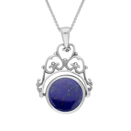 9ct White Gold Whitby Jet Lapis Lazuli Double Sided Round Swivel Fob Necklace, P110_2.