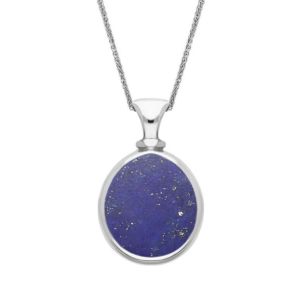 9ct White Gold Whitby Jet Lapis Lazuli Small Double Sided Pear Fob Necklace, P220.