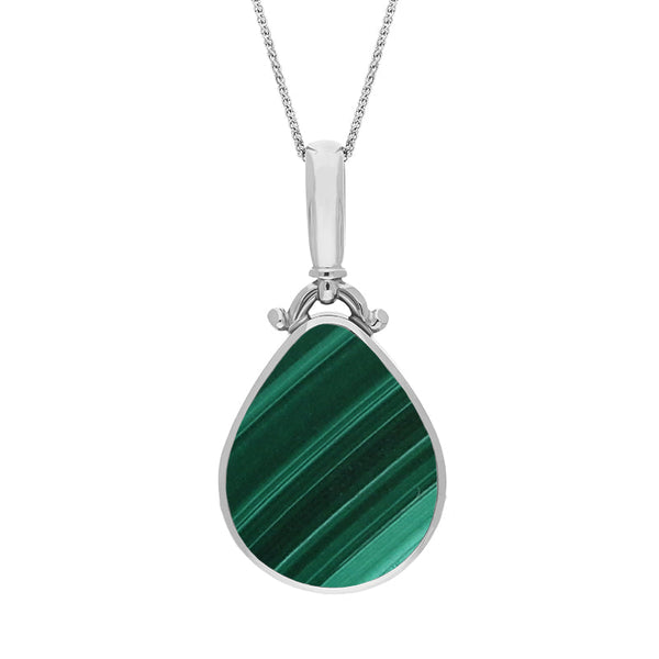 9ct White Gold Whitby Jet Malachite Double Sided Pear Fob Necklace, P056.