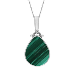 9ct White Gold Whitby Jet Malachite Double Sided Pear Fob Necklace, P056.