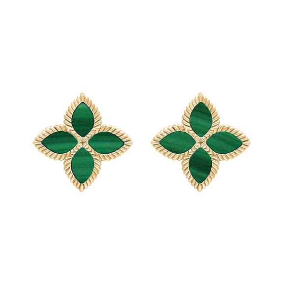 9ct Yellow Gold Malachite Bloom Flower Ball Edge Stud Earrings E2602