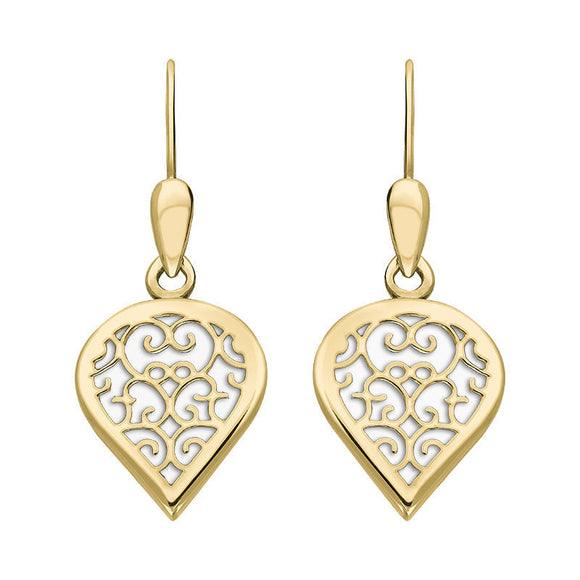 9ct Yellow Gold Bauxite Flore Filigree Heart Drop Earrings. E2588.