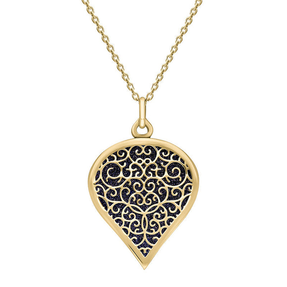 9ct Yellow Gold Blue Goldstone Flore Filigree Large Heart Necklace. P3631.